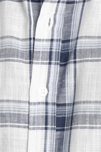 Erkek Slim Fit Dar Kesim Uzun Kollu %100 Pamuk Keten Doku Kareli Düğmeli Yaka Beyaz Gömlek