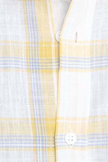 Erkek Slim Fit Dar Kesim Uzun Kollu %100 Pamuk Keten Doku Kareli Düğmeli Yaka Beyaz Gömlek