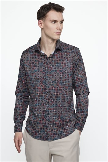 Slim Fit Dar Kesim Uzun Kol Likralı Baskılı Yüksek Yaka Erkek Gömlek