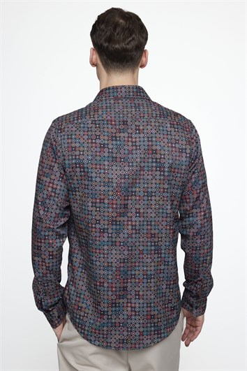Slim Fit Dar Kesim Uzun Kol Likralı Baskılı Yüksek Yaka Erkek Gömlek