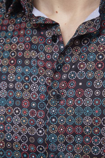 Slim Fit Dar Kesim Uzun Kol Likralı Baskılı Yüksek Yaka Erkek Gömlek