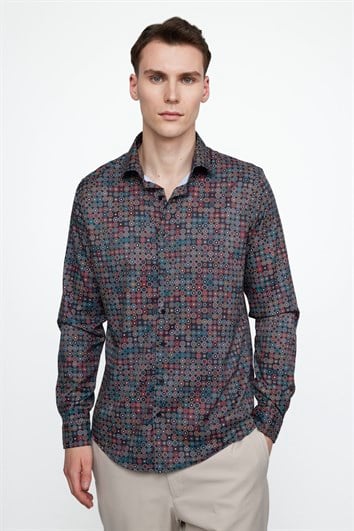 Slim Fit Dar Kesim Uzun Kol Likralı Baskılı Yüksek Yaka Erkek Gömlek