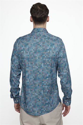 Slim Fit Dar Kesim Uzun Kol Likralı Baskılı Yüksek Yaka Erkek Gömlek