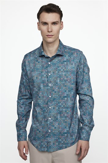 Slim Fit Dar Kesim Uzun Kol Likralı Baskılı Yüksek Yaka Erkek Gömlek