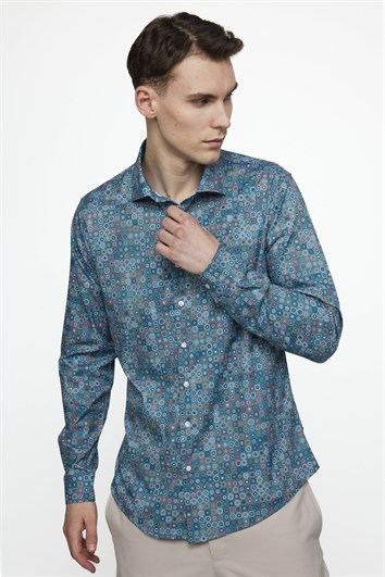 Slim Fit Dar Kesim Uzun Kol Likralı Baskılı Yüksek Yaka Erkek Gömlek