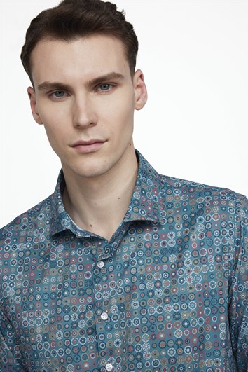 Slim Fit Dar Kesim Uzun Kol Likralı Baskılı Yüksek Yaka Erkek Gömlek