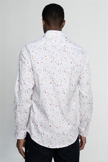Slim Fit Dar Kesim Uzun Kol Likralı Baskılı Yüksek Yaka Erkek Gömlek