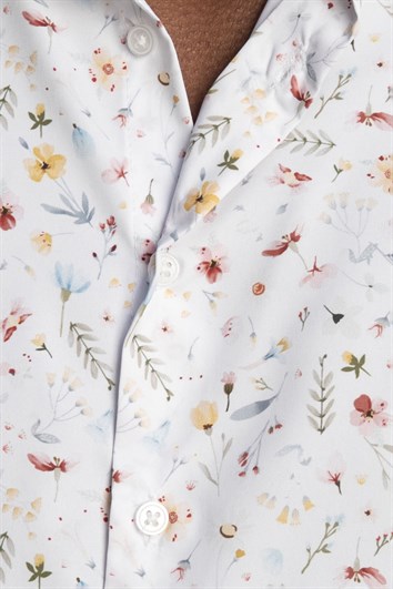 Slim Fit Dar Kesim Uzun Kol Likralı Baskılı Yüksek Yaka Erkek Gömlek