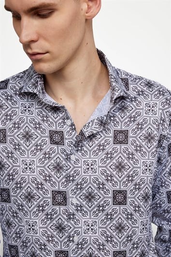 Slim Fit Dar Kesim Uzun Kol Likralı Baskılı Yüksek Yaka Erkek Gömlek