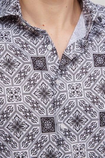 Slim Fit Dar Kesim Uzun Kol Likralı Baskılı Yüksek Yaka Erkek Gömlek