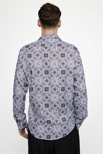 Slim Fit Dar Kesim Uzun Kol Likralı Baskılı Yüksek Yaka Erkek Gömlek
