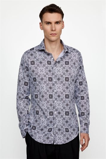 Slim Fit Dar Kesim Uzun Kol Likralı Baskılı Yüksek Yaka Erkek Gömlek