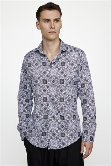 Slim Fit Dar Kesim Uzun Kol Likralı Baskılı Yüksek Yaka Erkek Gömlek