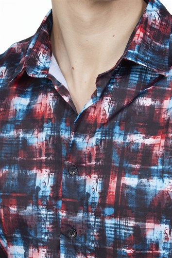 Slim Fit Uzun Kollu Dar Kesim Likralı Baskılı Erkek Gömlek