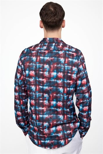 Slim Fit Uzun Kollu Dar Kesim Likralı Baskılı Erkek Gömlek