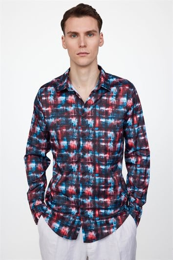 Slim Fit Uzun Kollu Dar Kesim Likralı Baskılı Erkek Gömlek