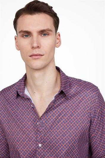 Slim Fit Uzun Kollu Dar Kesim Likralı Baskılı Erkek Gömlek