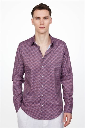 Slim Fit Uzun Kollu Dar Kesim Likralı Baskılı Erkek Gömlek