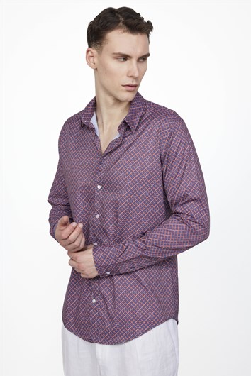 Slim Fit Uzun Kollu Dar Kesim Likralı Baskılı Erkek Gömlek