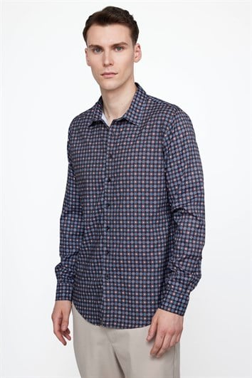 Slim Fit Uzun Kollu Dar Kesim Likralı Baskılı Erkek Gömlek