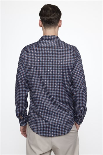 Slim Fit Uzun Kollu Dar Kesim Likralı Baskılı Erkek Gömlek