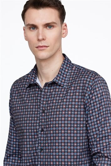 Slim Fit Uzun Kollu Dar Kesim Likralı Baskılı Erkek Gömlek