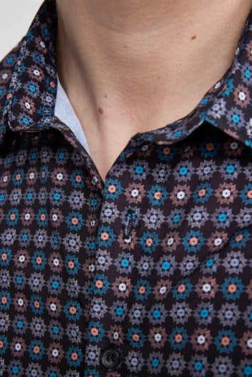 Slim Fit Uzun Kollu Dar Kesim Likralı Baskılı Erkek Gömlek