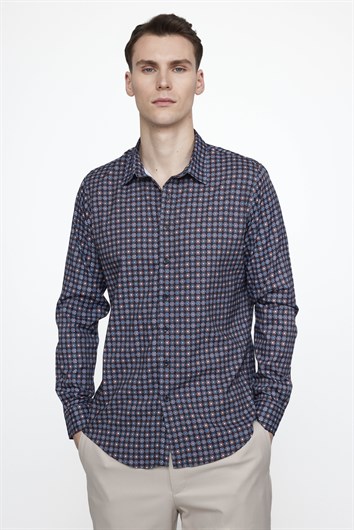Slim Fit Uzun Kollu Dar Kesim Likralı Baskılı Erkek Gömlek