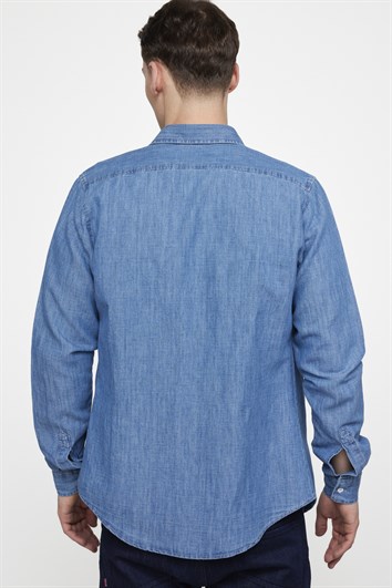 Slim Fit Uzun Kollu Dar Kesim Tek Cep Kapaklı Pamuklu Denim Kot Mavi Gömlek