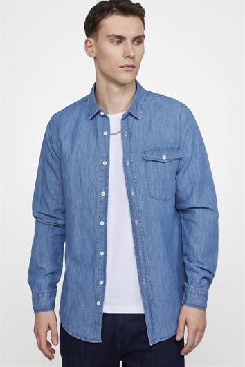 Slim Fit Uzun Kollu Dar Kesim Tek Cep Kapaklı Pamuklu Denim Kot Mavi Gömlek