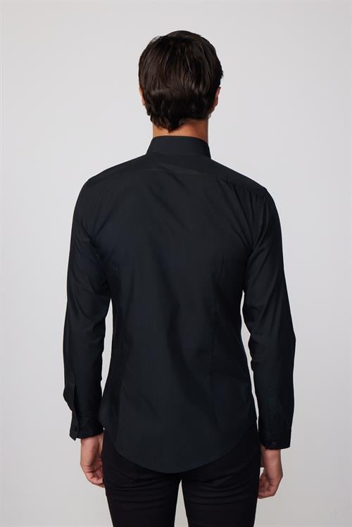 Erkek Slim Fit Dar Kesim Düz Siyah Gömlek
