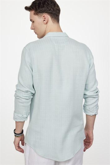 Slim Fit Dar Kesim Uzun Kollu Desenli Müslin Kumaş Apaş Yaka Mint Gömlek