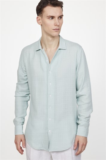 Slim Fit Dar Kesim Uzun Kollu Desenli Müslin Kumaş Apaş Yaka Mint Gömlek