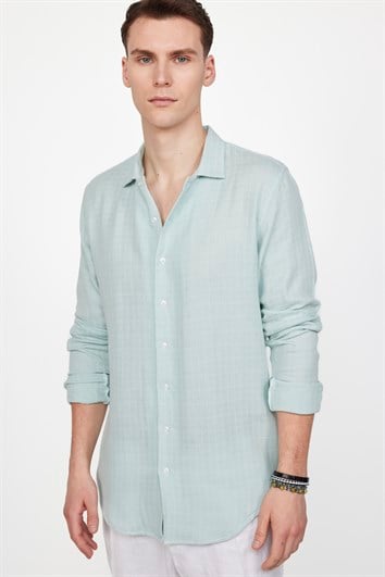 Slim Fit Dar Kesim Uzun Kollu Desenli Müslin Kumaş Apaş Yaka Mint Gömlek