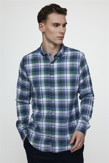 Slim Fit Uzun Kollu Düğmeli Yaka Pamuklu Ekose Spor Erkek Çok Renkli Gömlek