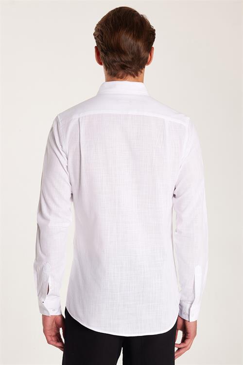 Erkek Slim Fit Dar Kesim Uzun Kollu %100 Pamuk Keten Doku Düz Biyeli Beyaz Gömlek