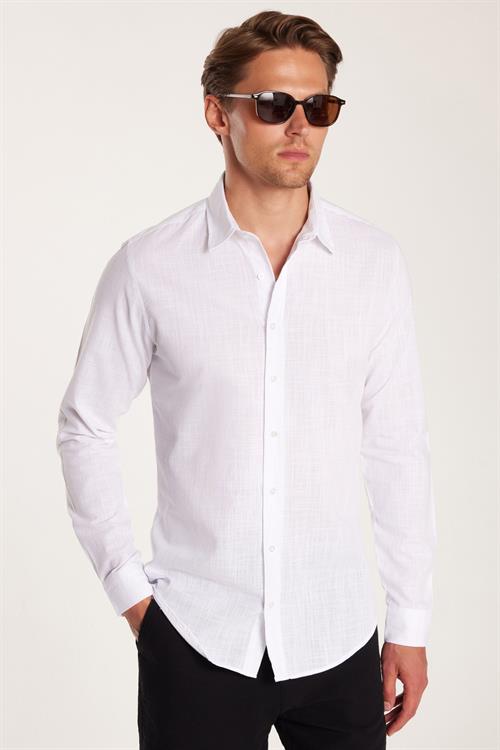 Erkek Slim Fit Dar Kesim Uzun Kollu %100 Pamuk Keten Doku Düz Biyeli Beyaz Gömlek