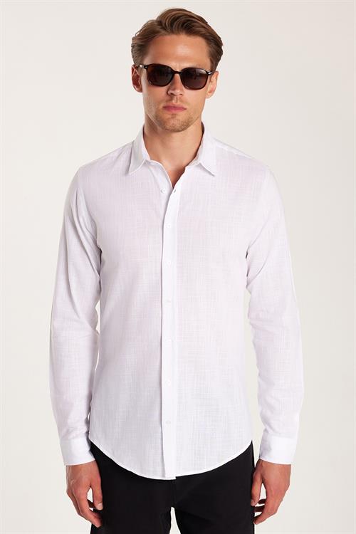 Erkek Slim Fit Dar Kesim Uzun Kollu %100 Pamuk Keten Doku Düz Biyeli Beyaz Gömlek