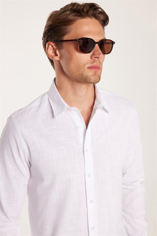 Erkek Slim Fit Dar Kesim Uzun Kollu %100 Pamuk Keten Doku Düz Biyeli Beyaz Gömlek