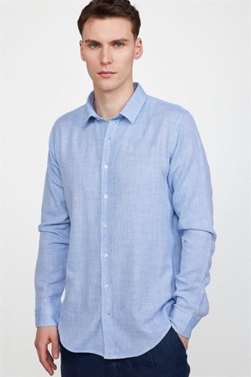 Erkek Slim Fit Dar Kesim Uzun Kollu %100 Pamuk Keten Doku Düz Biyeli Mavi Gömlek