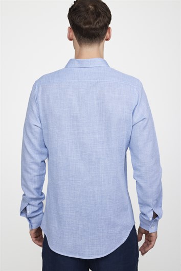 Erkek Slim Fit Dar Kesim Uzun Kollu %100 Pamuk Keten Doku Düz Biyeli Mavi Gömlek