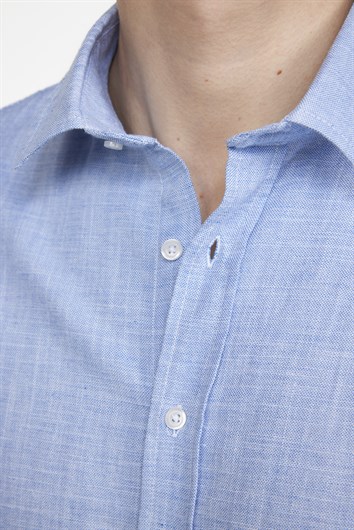 Erkek Slim Fit Dar Kesim Uzun Kollu %100 Pamuk Keten Doku Düz Biyeli Mavi Gömlek