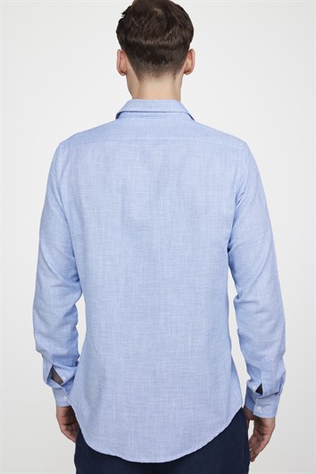 Erkek Slim Fit Dar Kesim Uzun Kollu %100 Pamuk Keten Doku Düz Biyeli Mavi Gömlek