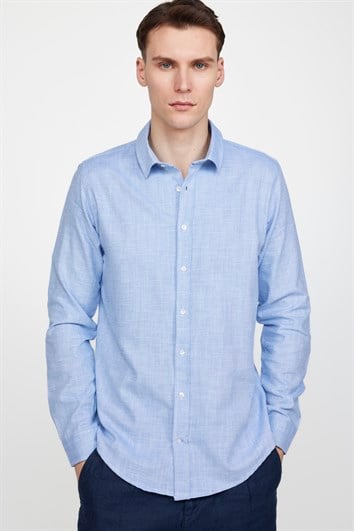 Erkek Slim Fit Dar Kesim Uzun Kollu %100 Pamuk Keten Doku Düz Biyeli Mavi Gömlek