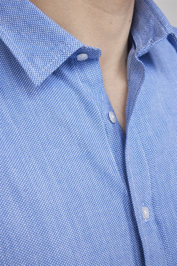 Erkek Slim Fit Dar Kesim Uzun Kollu %100 Pamuk Keten Doku Düz Biyeli Mavi Gömlek
