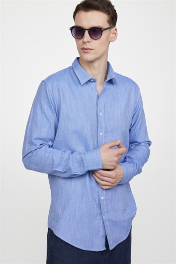 Erkek Slim Fit Dar Kesim Uzun Kollu %100 Pamuk Keten Doku Düz Biyeli Mavi Gömlek