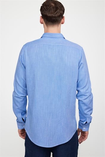 Erkek Slim Fit Dar Kesim Uzun Kollu %100 Pamuk Keten Doku Düz Biyeli Mavi Gömlek
