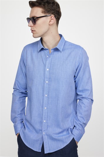 Erkek Slim Fit Dar Kesim Uzun Kollu %100 Pamuk Keten Doku Düz Biyeli Mavi Gömlek