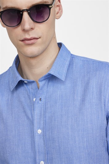 Erkek Slim Fit Dar Kesim Uzun Kollu %100 Pamuk Keten Doku Düz Biyeli Mavi Gömlek