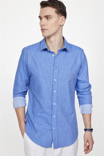 Erkek Slim Fit Dar Kesim Uzun Kollu %100 Pamuk Keten Doku Düz Biyeli Mavi Gömlek